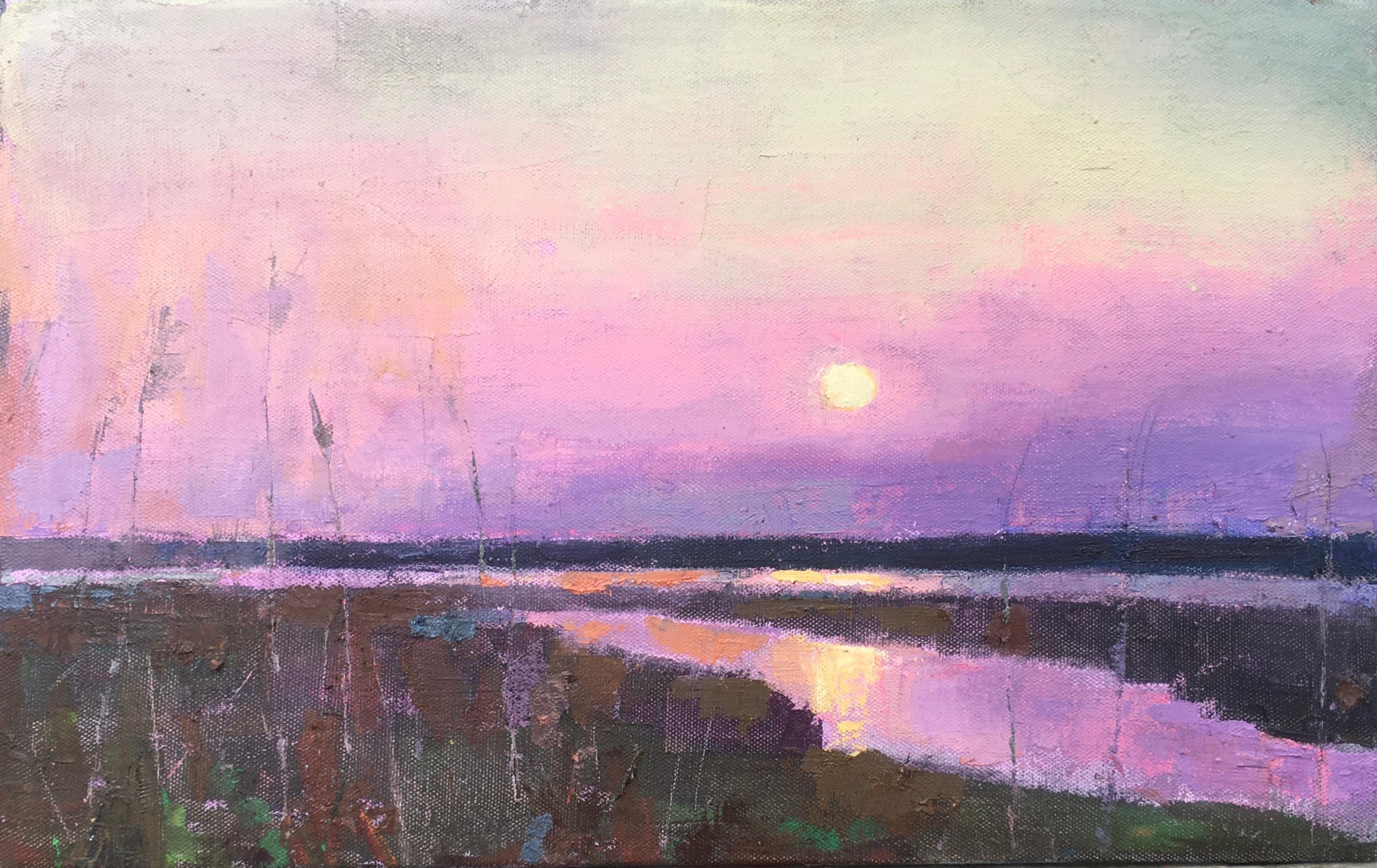 Larry Horowitz Landscape Painting - "End of Day" oil painting of a purple sunset over reflecting water and marshes