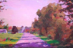 fall road painting "Fall Road Shadows" oil painting of a road with pink shadows and autumn trees