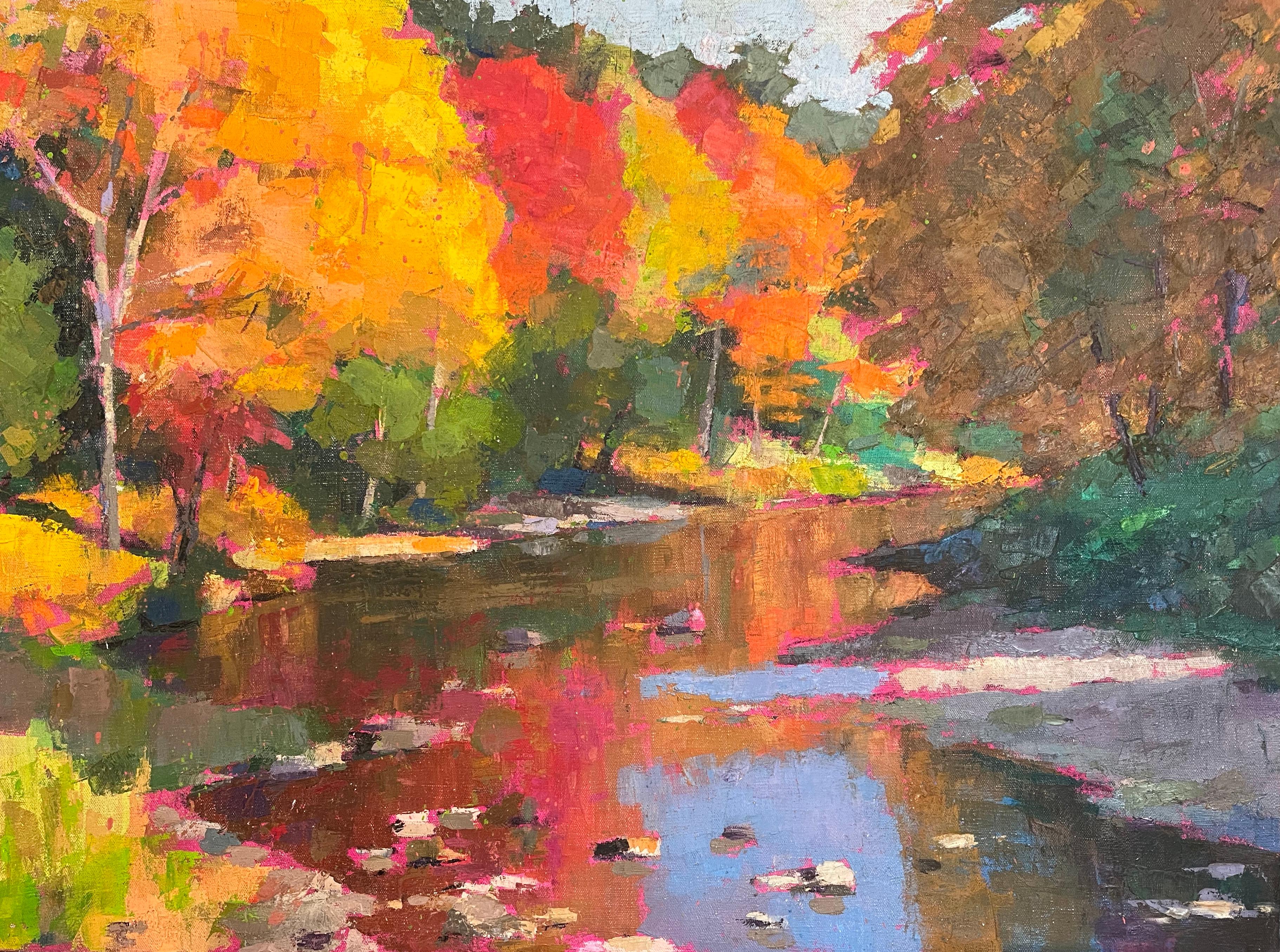 Larry Horowitz Landscape Painting - "Fall Stream Reflections" oil painting of woods with orange and yellow foliage