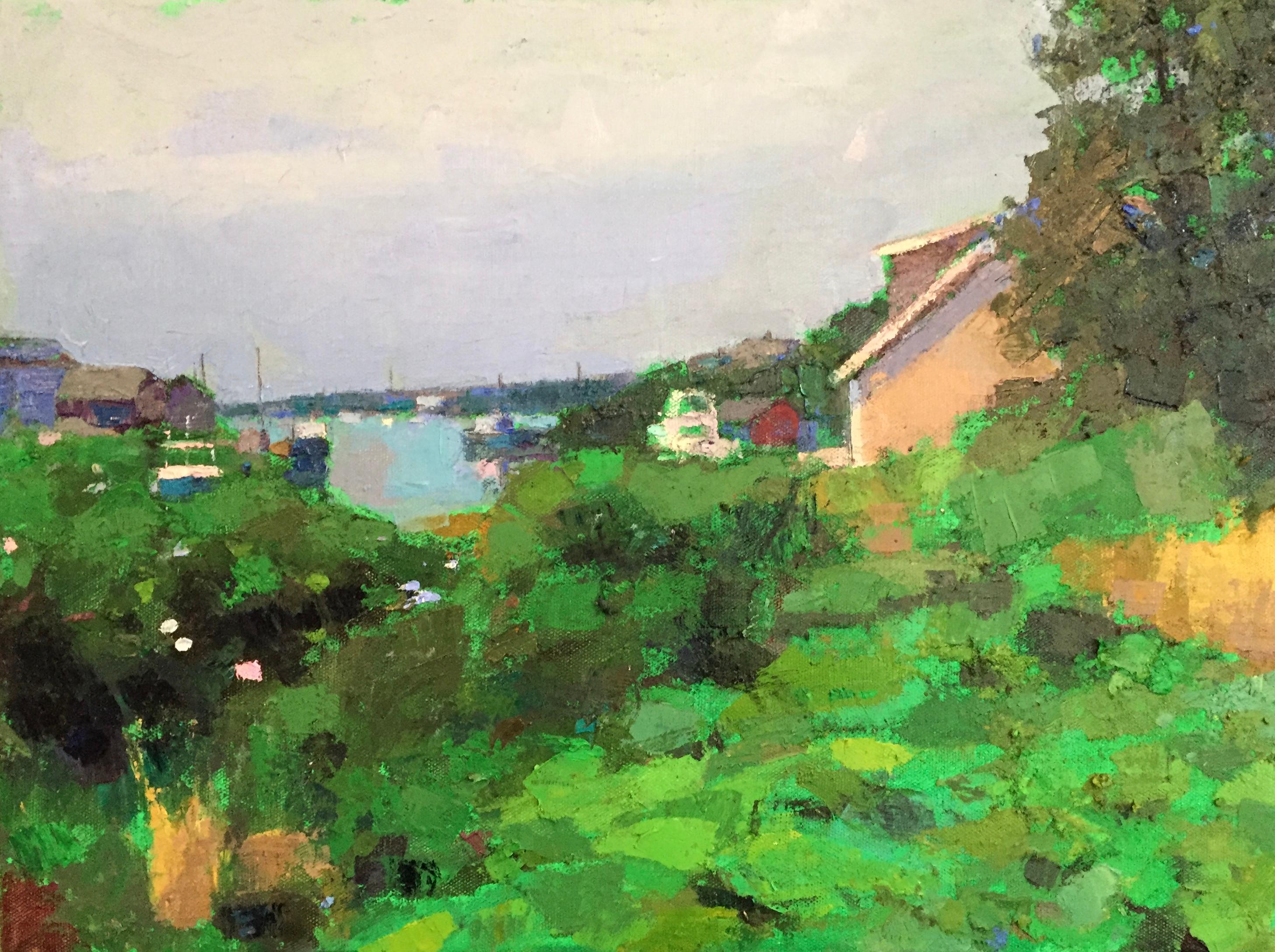 Larry Horowitz Landscape Painting - "Fishing Village" oil painting of Menemsha with bright green foreground