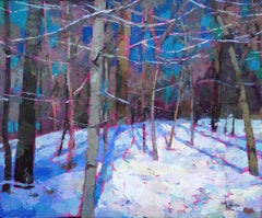 Peinture à l'huile « Fresh Snow » représentant des bois en hiver avec un ciel bleu et des accents roses