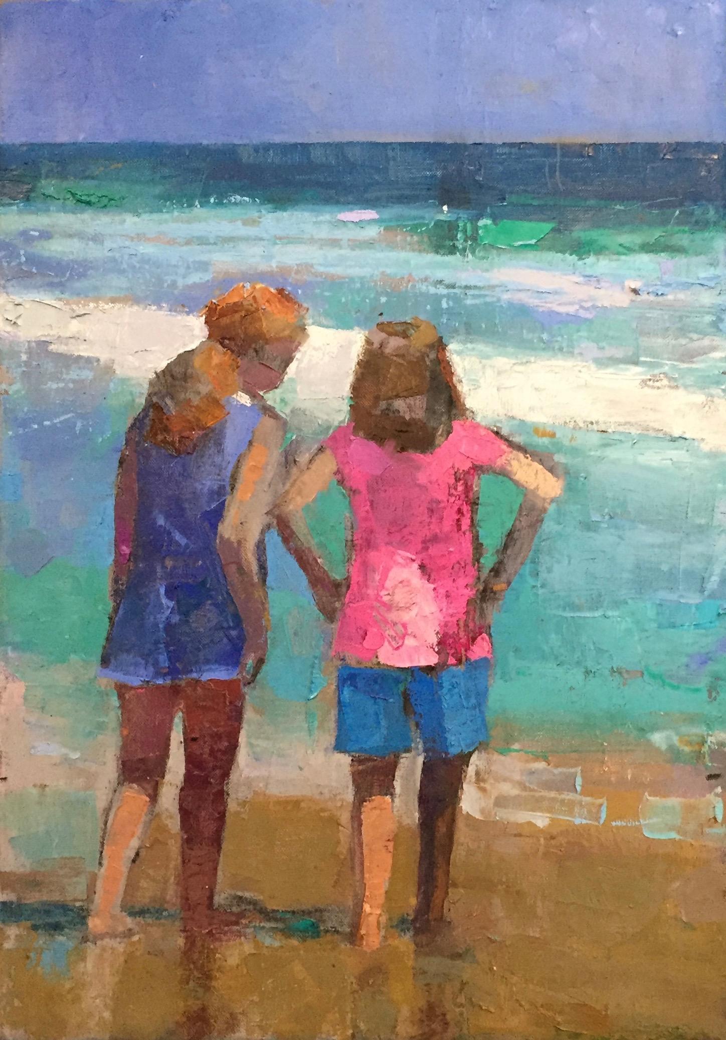 Larry Horowitz Figurative Painting - "Friends" oil painting of two girls standing by the ocean shore, back view