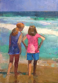 "Friends" oil painting of two girls standing by the ocean shore, back view