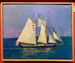 "Full Sail" oil painting of a large sailboat with purple sky and and blue ocean