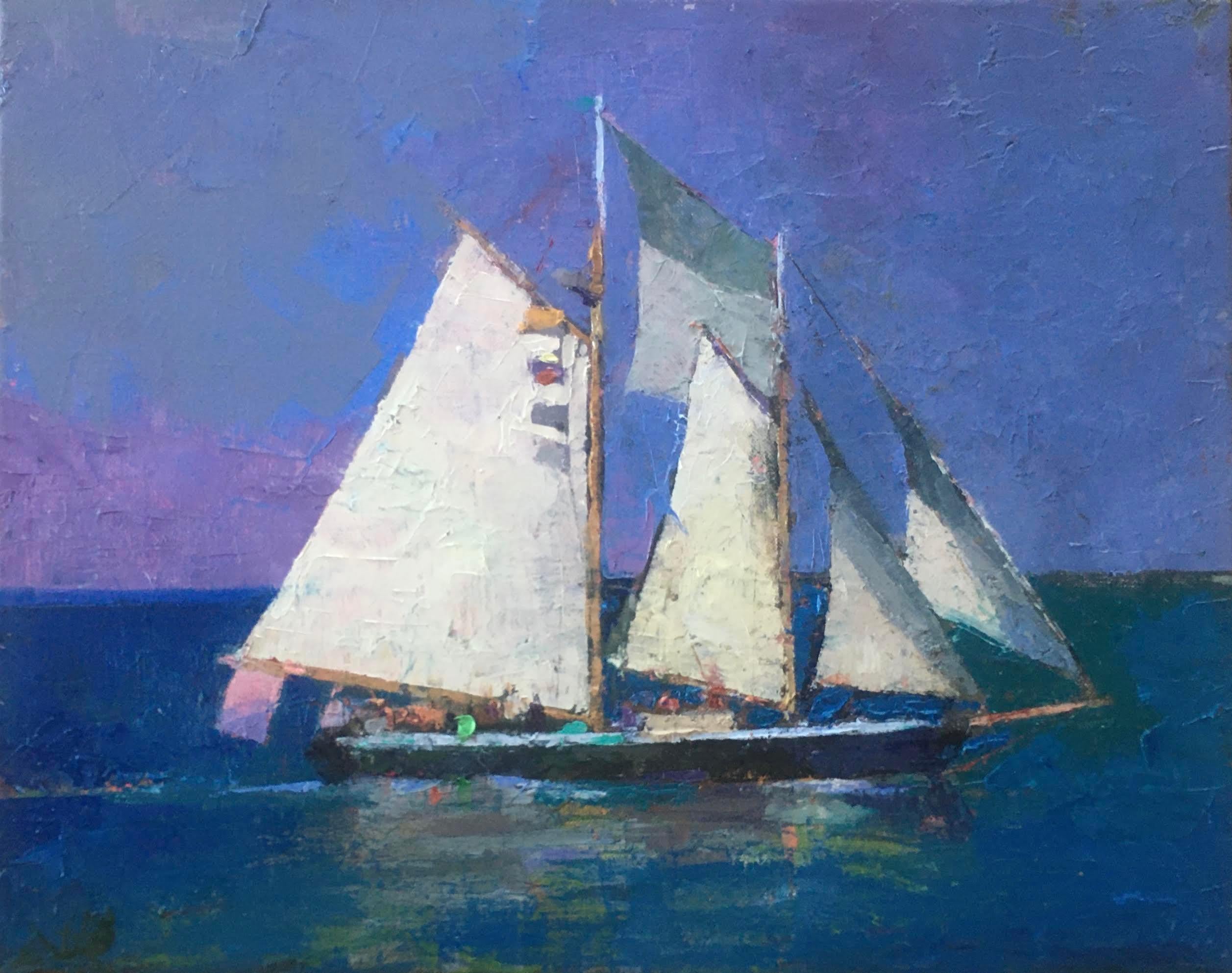 Larry Horowitz Figurative Painting - "Full Sail" oil painting of a large sailboat with purple sky and and blue ocean