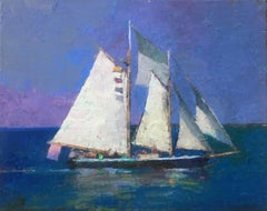 "Full Sail" oil painting of a large sailboat with purple sky and and blue ocean