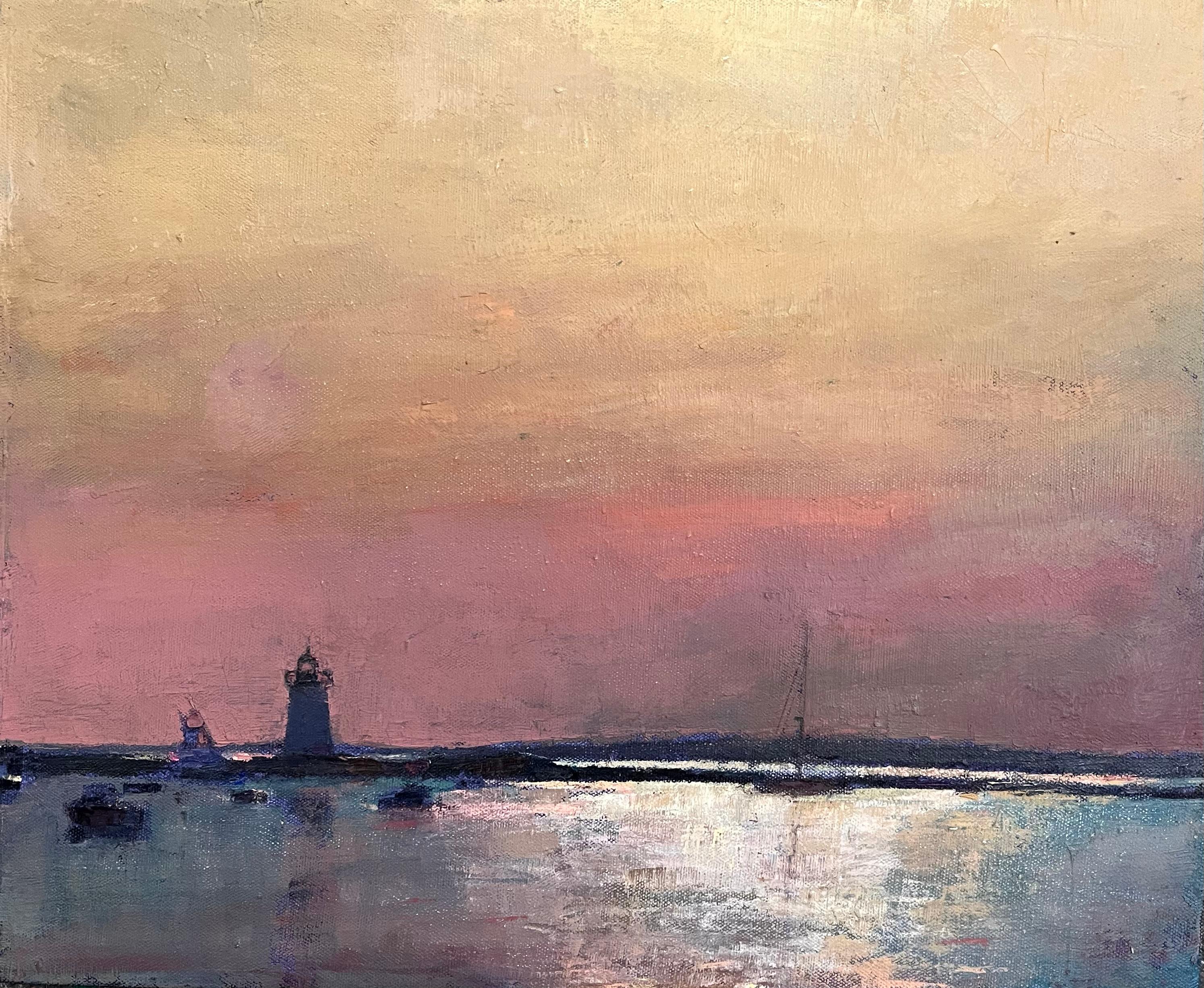 "Glimmering evening, Edgartown" serene Edgartown harbor at twilight, lighthouse