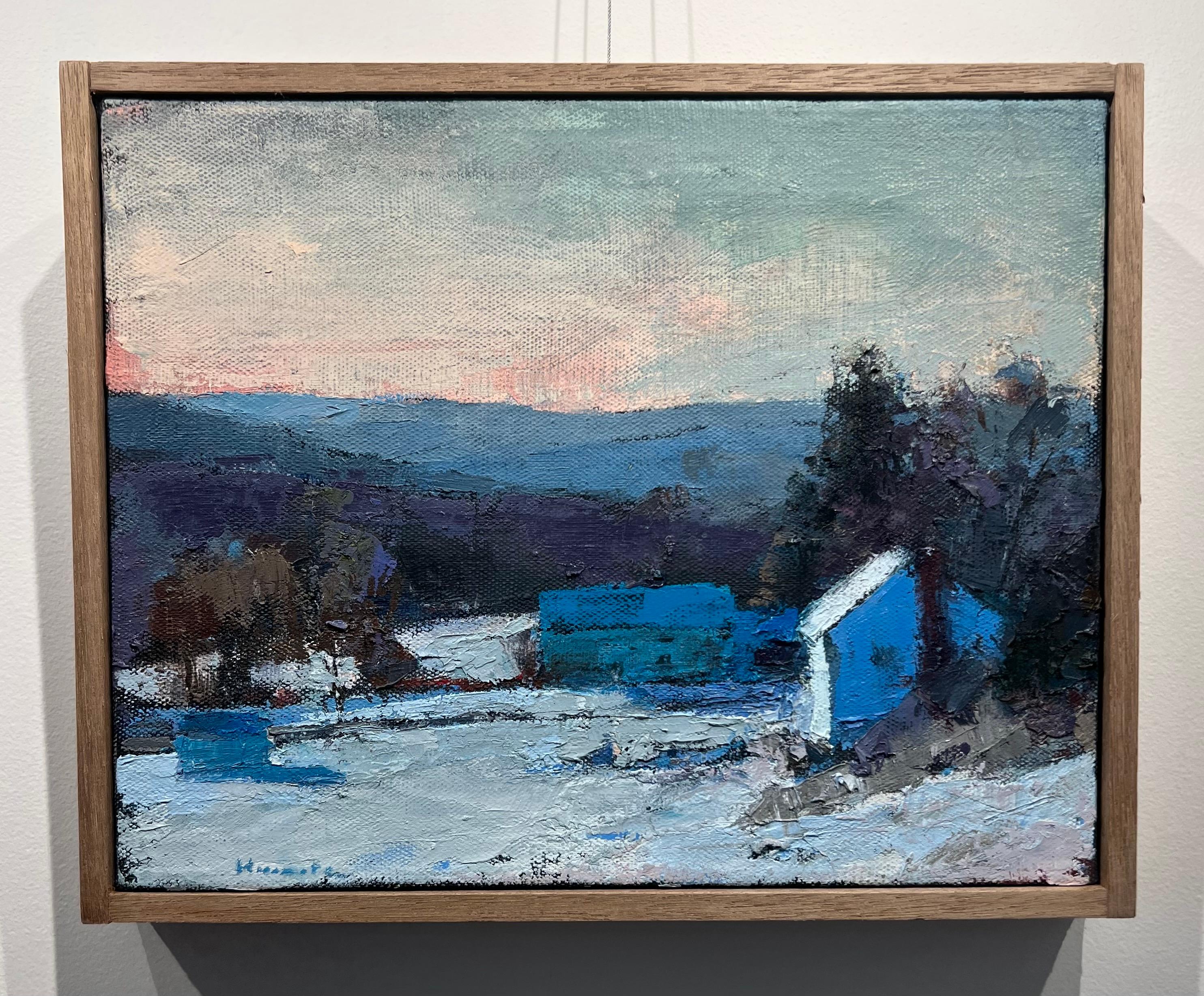 Peinture à l'huile « Hanovre Farm in Winter » représentant un paysage rural sous la neige au coucher du soleil - Painting de Larry Horowitz