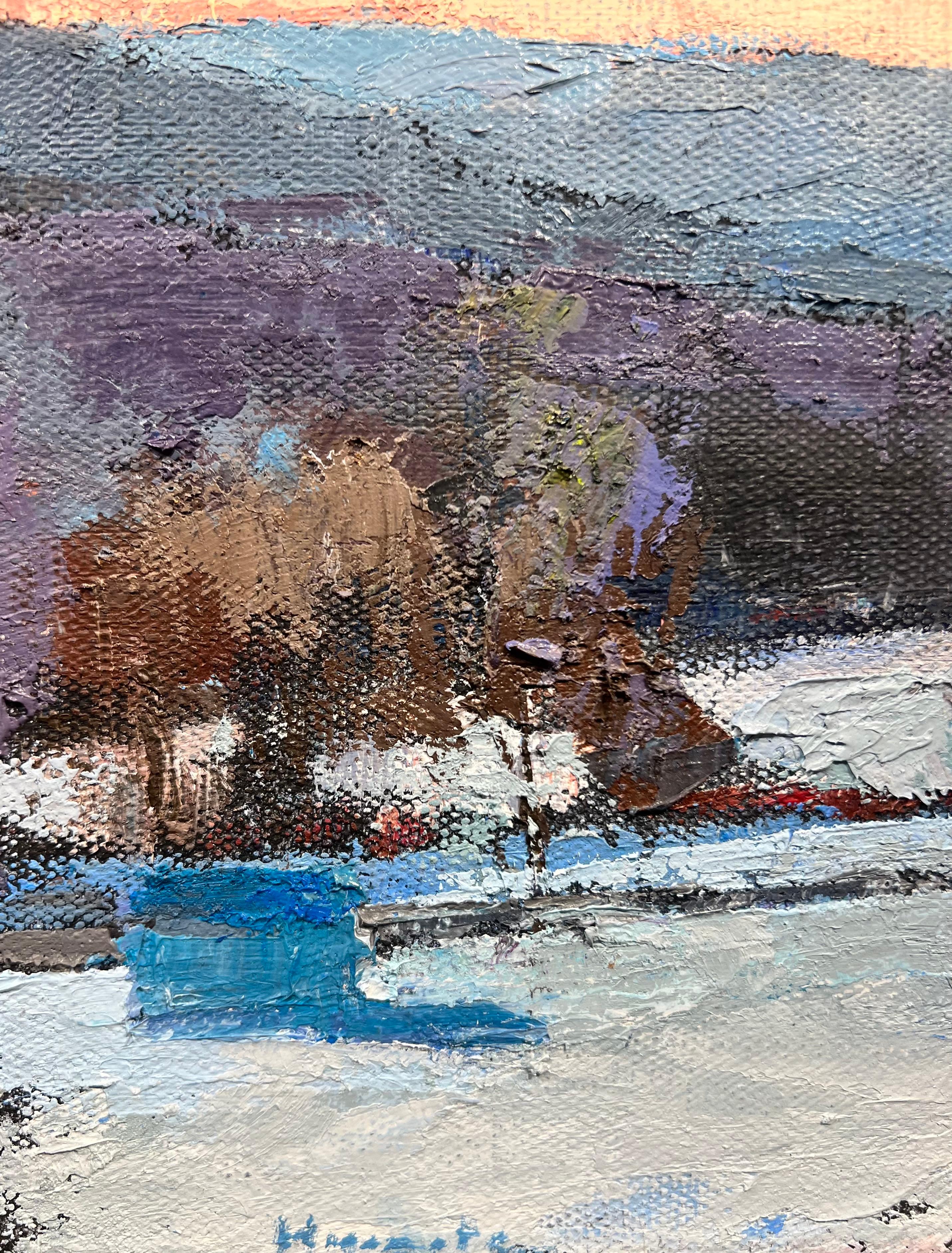 Peinture à l'huile « Hanovre Farm in Winter » représentant un paysage rural sous la neige au coucher du soleil en vente 1