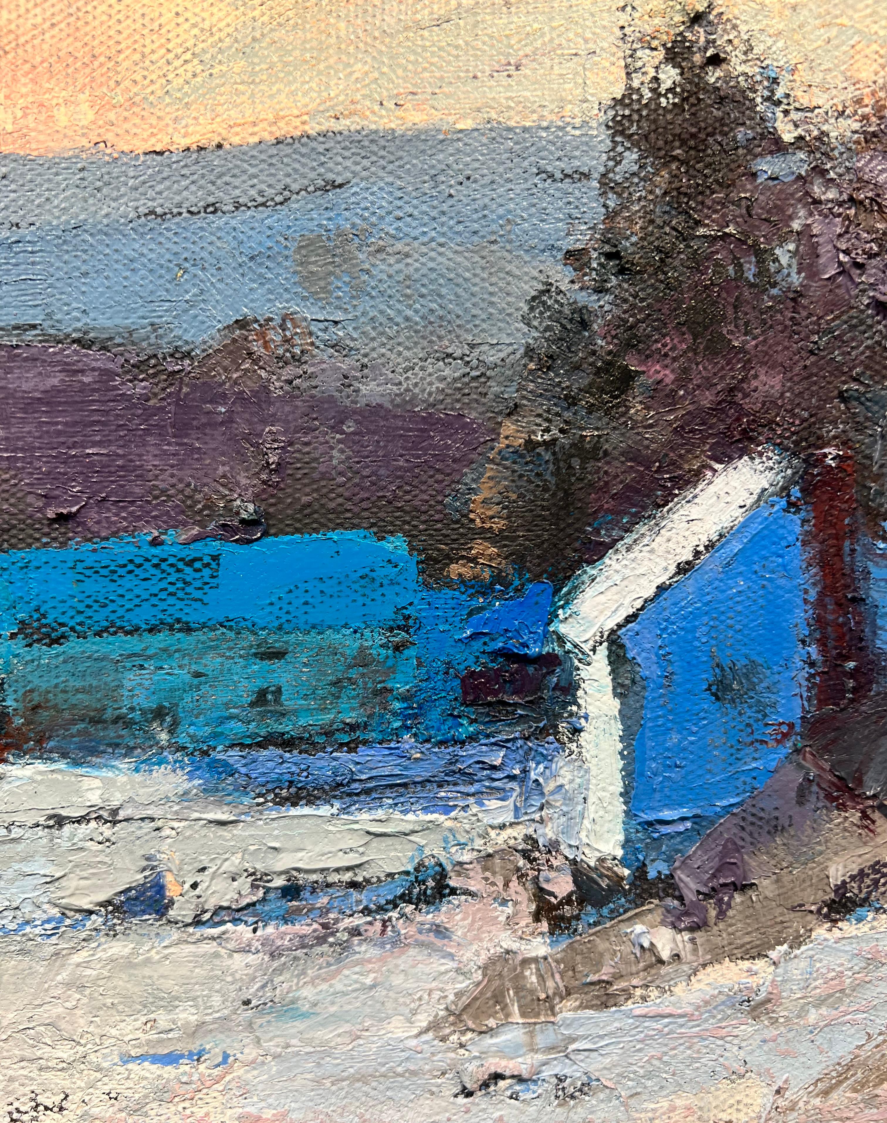 Peinture à l'huile « Hanovre Farm in Winter » représentant un paysage rural sous la neige au coucher du soleil en vente 2