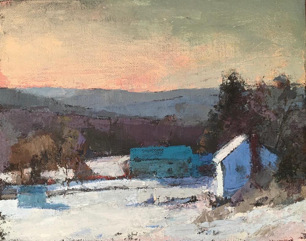 Landscape Painting Larry Horowitz - Peinture à l'huile « Hanovre Farm in Winter » représentant un paysage rural sous la neige au coucher du soleil