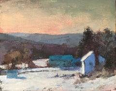 "Hanover Farm in Winter" oil painting of rural landscape in snow at sunset