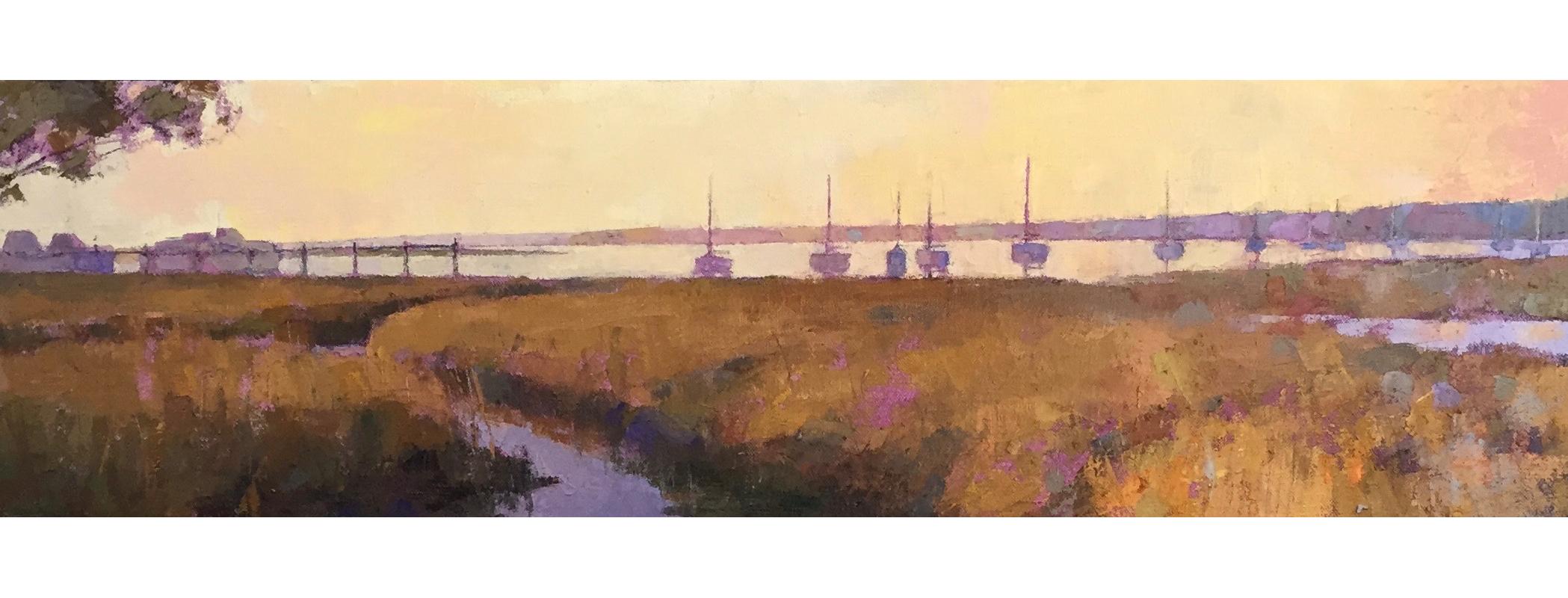 Larry Horowitz Landscape Painting - "Harbor in Amber" Panoramic oil painting of a marsh and boats at dusk