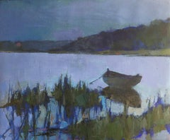 "Indigo Marsh" oil painting of a dark blue landscape of a marsh and tied boat
