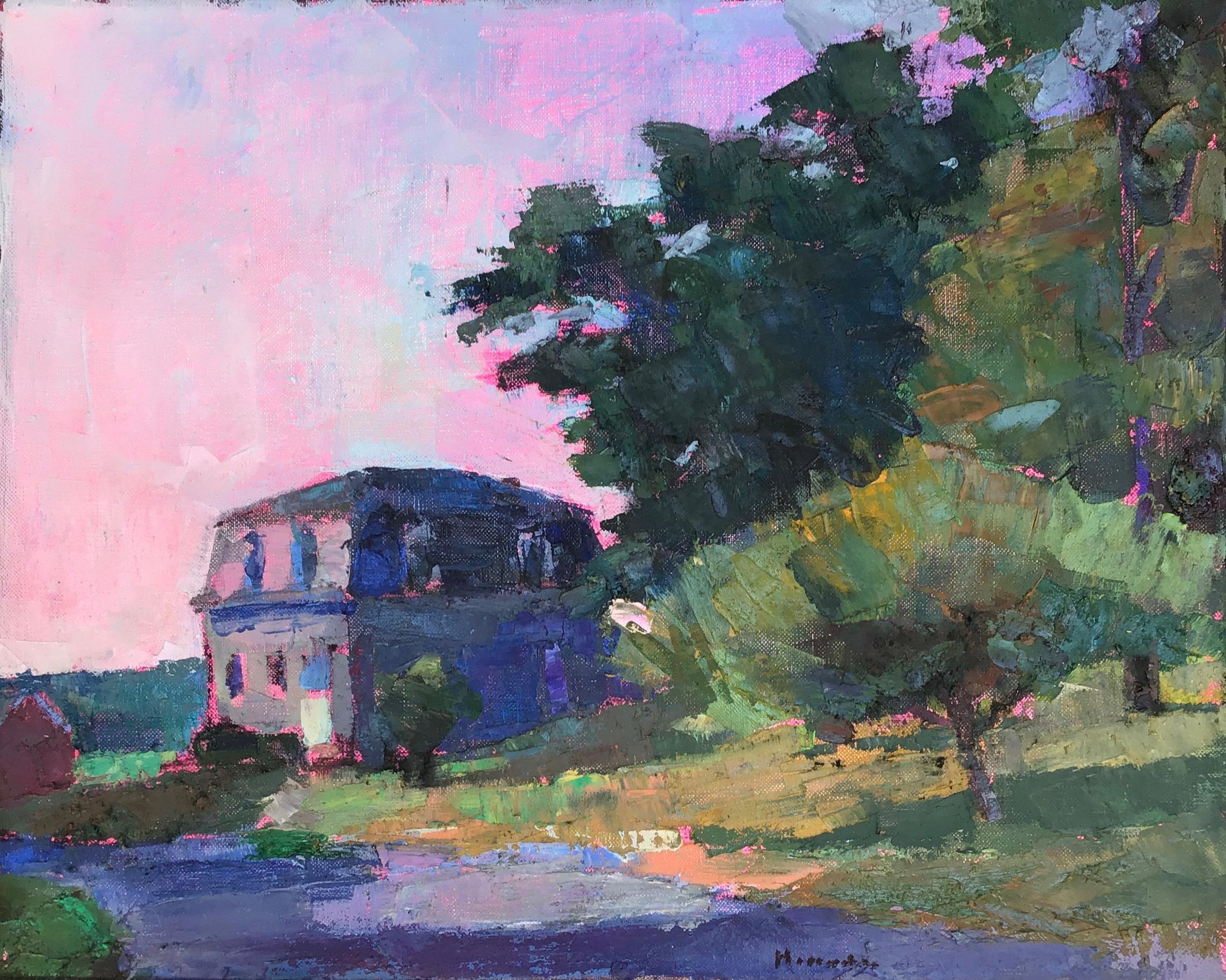 Larry Horowitz Landscape Painting - "Jules Besch" oil painting of a historic house with a pink sunset behind