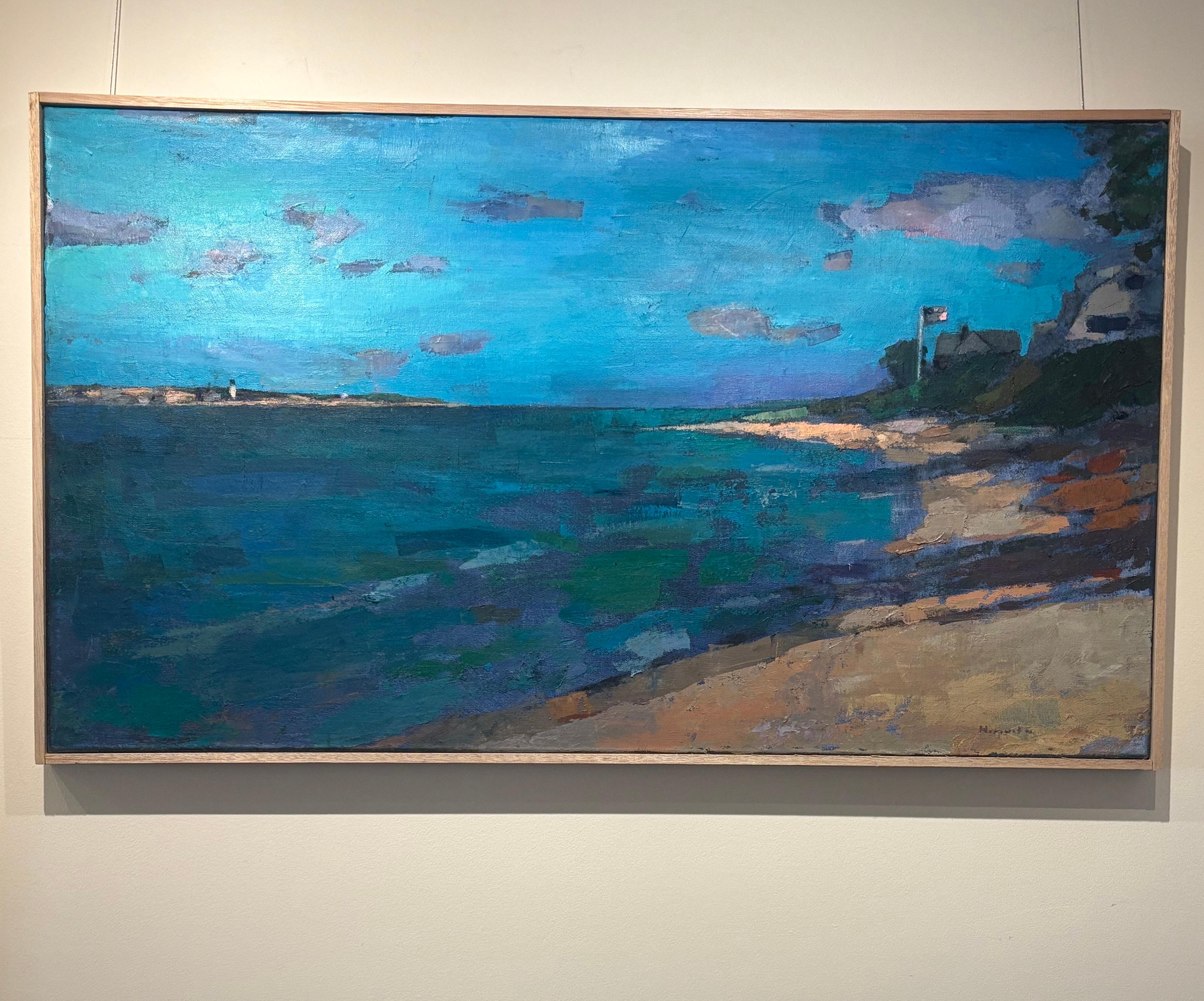« Knot Breeze » Un ciel bleu vif sature la plage, le drapeau soufflant en arrière-plan - Painting de Larry Horowitz