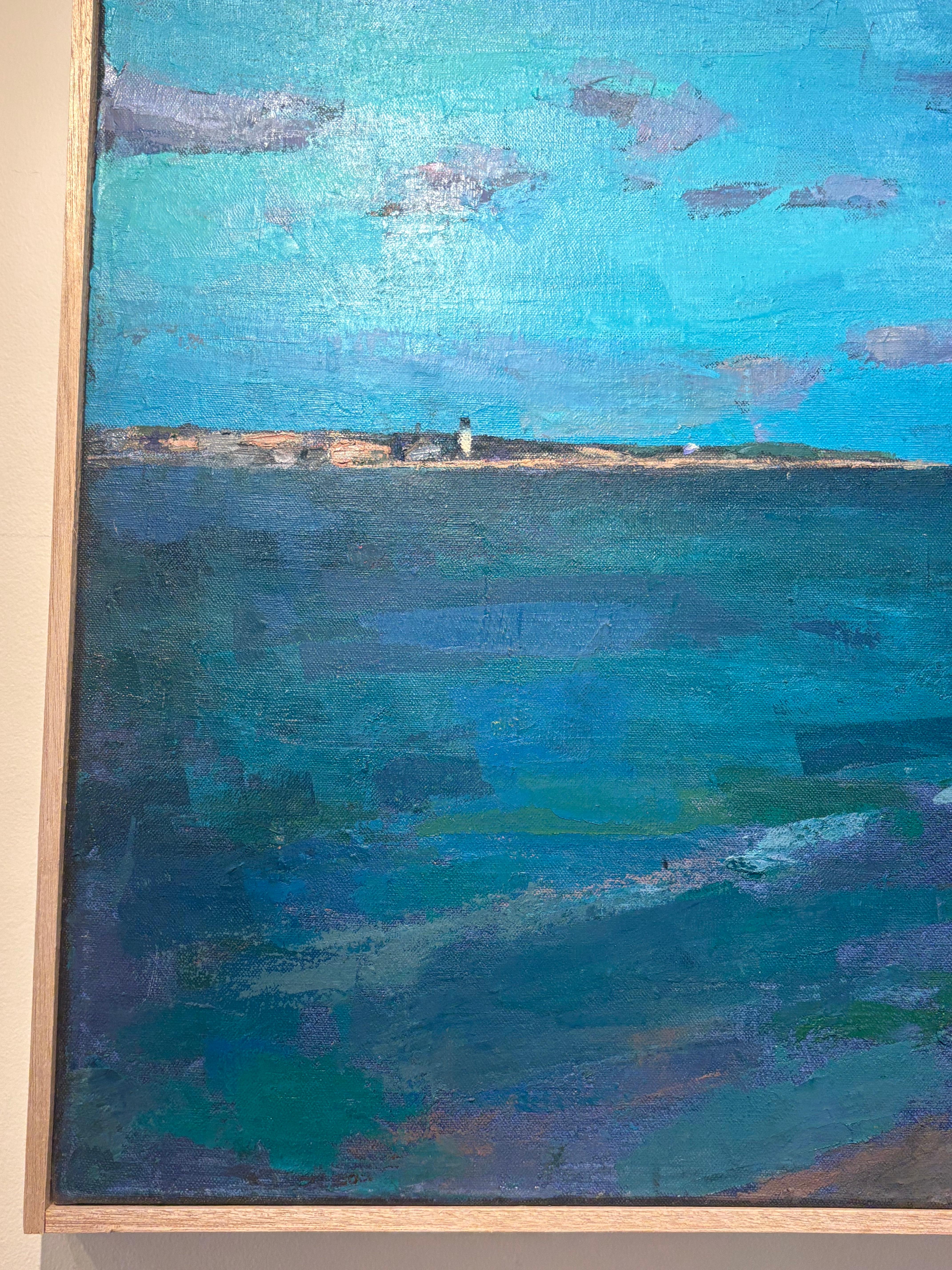 « Knot Breeze » Un ciel bleu vif sature la plage, le drapeau soufflant en arrière-plan - Bleu Landscape Painting par Larry Horowitz