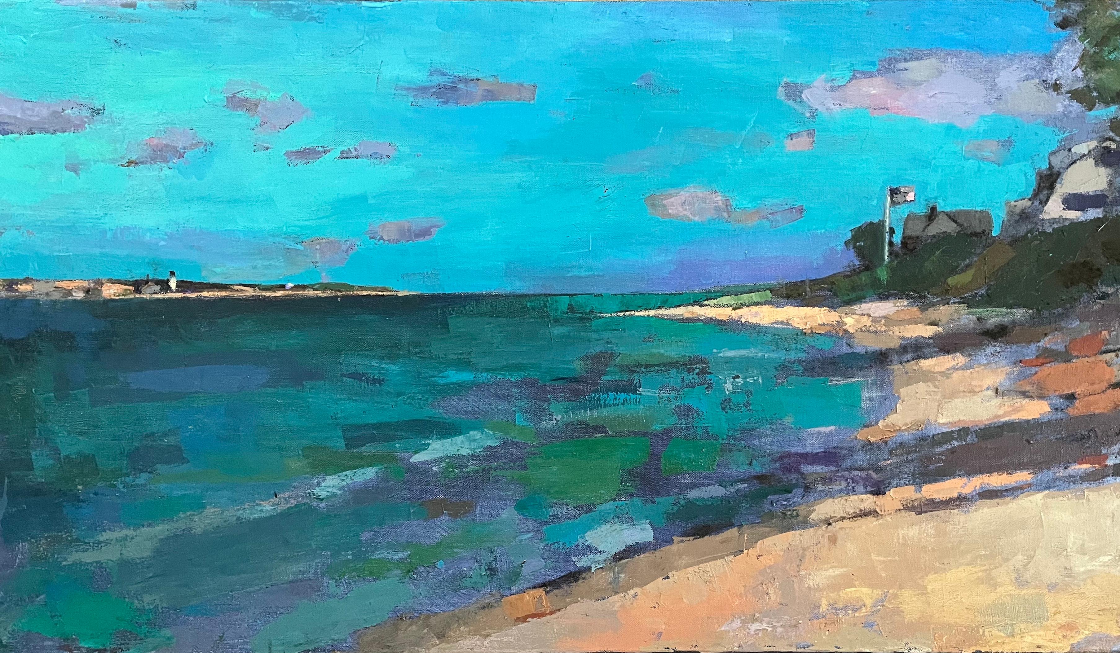 Landscape Painting de Larry Horowitz - "Brisa de nudos" Un cielo azul brillante satura la playa, bandera ondeando al fondo