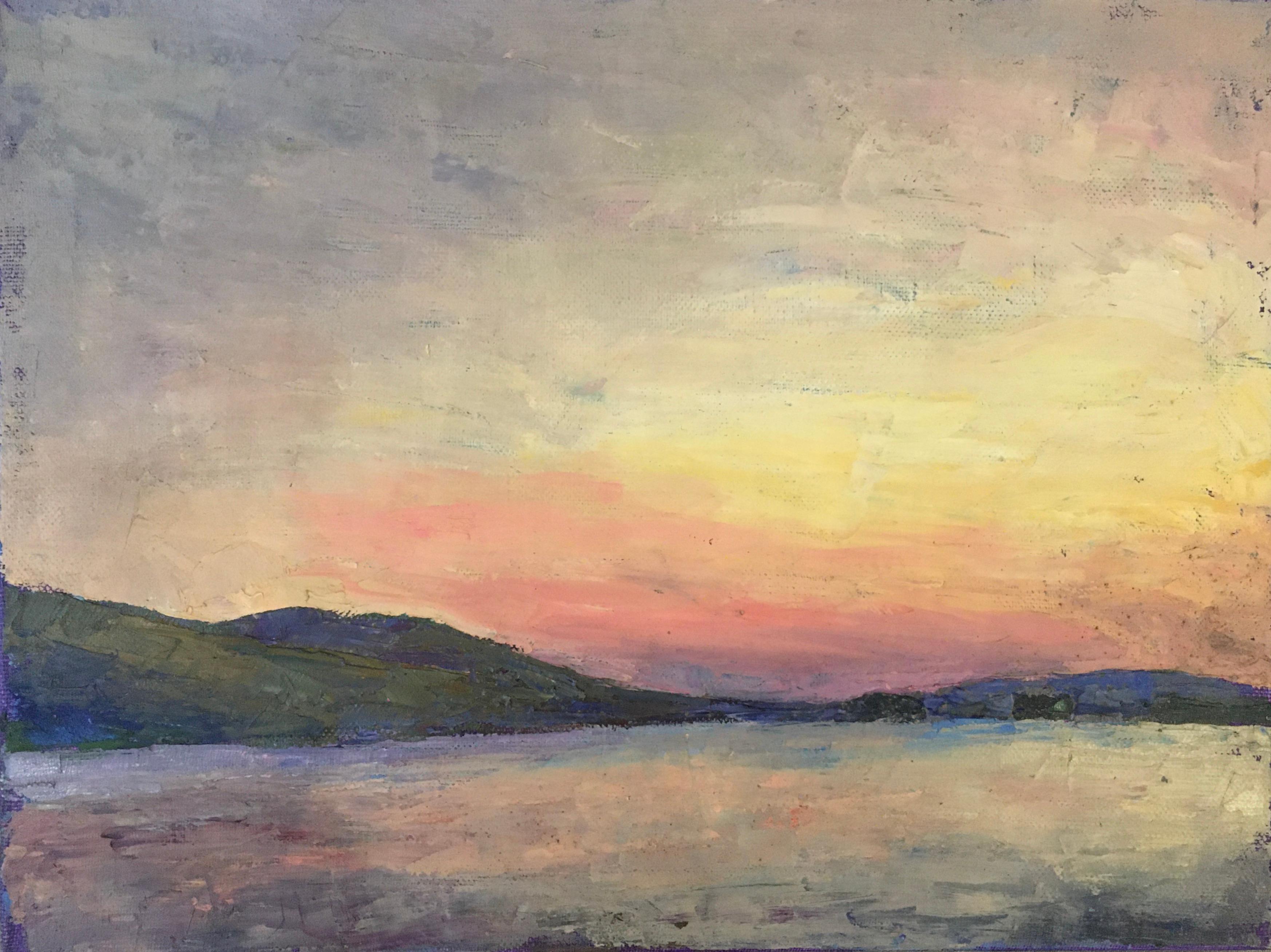 Larry Horowitz Landscape Painting - "Lake" oil painting of a lake with hills and an orange and yellow sunset behind