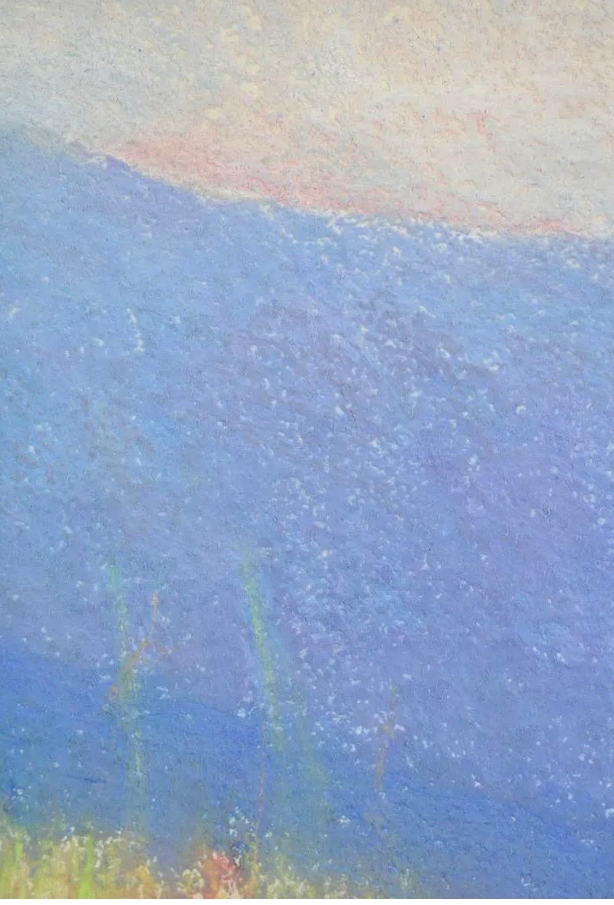 Große pastellfarbene Landschaft mit lila Bergen, Landschaft, amerikanisches modernistisches Gemälde im Angebot 6