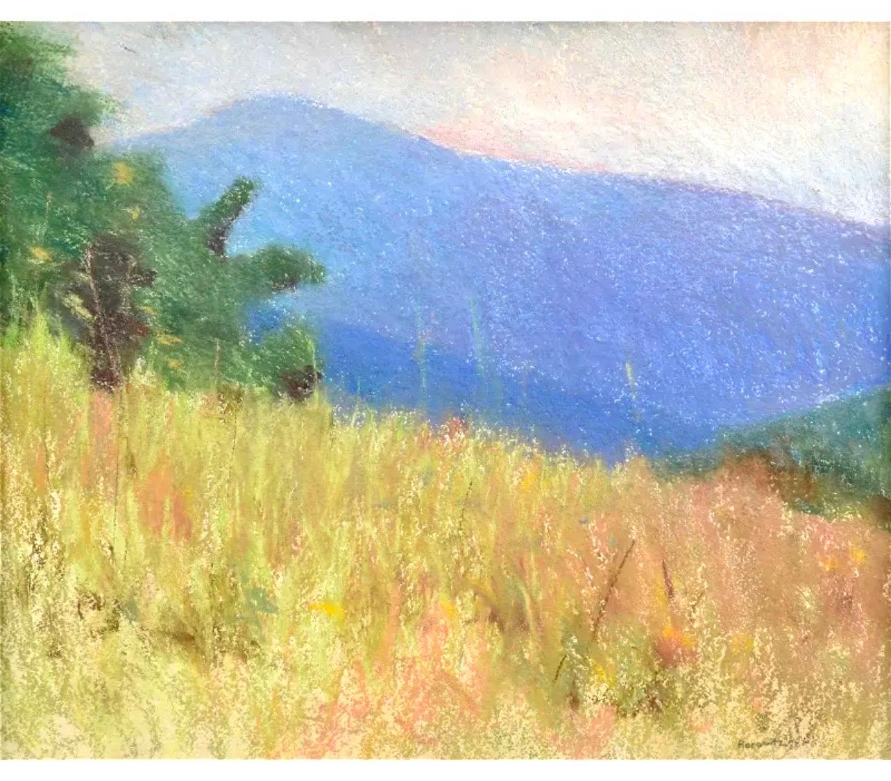 Große pastellfarbene Landschaft mit lila Bergen, Landschaft, amerikanisches modernistisches Gemälde (Post-Impressionismus), Painting, von Larry Horowitz