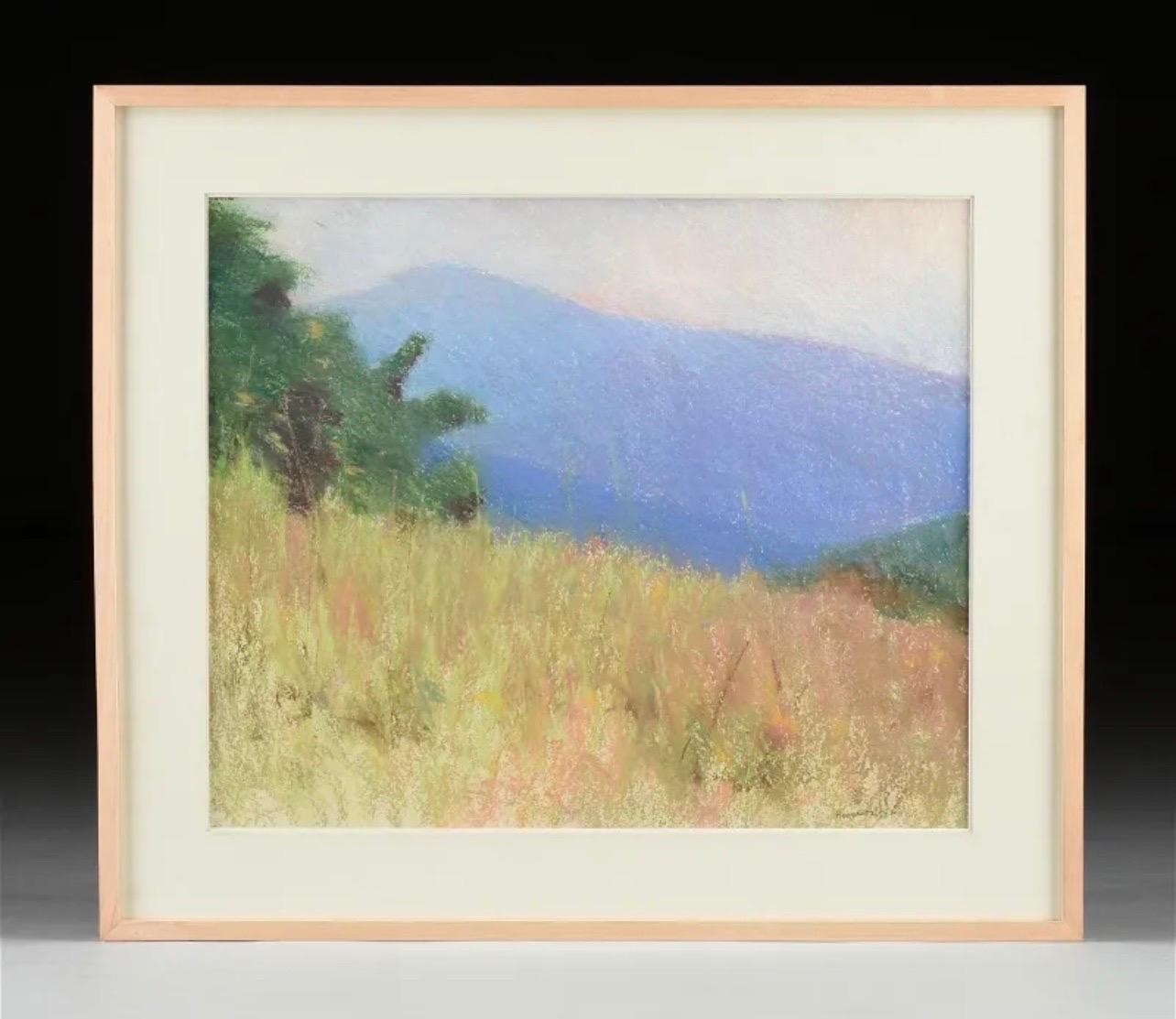Große Pastell Landschaft Lila Berge Landschaft Amerikanische Modernist Malerei (Beige), Landscape Painting, von Larry Horowitz