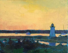 "Lighthouse Dawn" oil painting of Edgartown Lighthouse with yellow sunset
