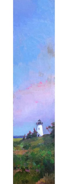 "Lighthouse" Vertical oil painting of a lighthouse with pink clouds and blue sky
