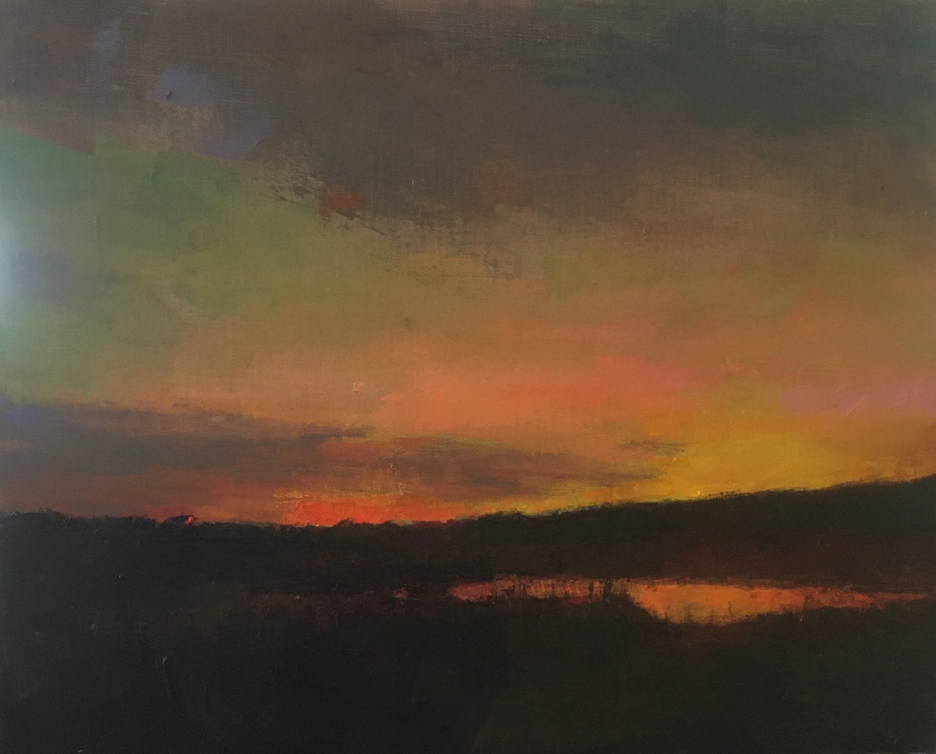 Larry Horowitz Landscape Painting - "Looking West" oil painting of an orange sunset over dark grasses