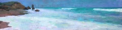 "Lucy Vincent Panorama" oil painting of a pastel seascape and rocky shoreline