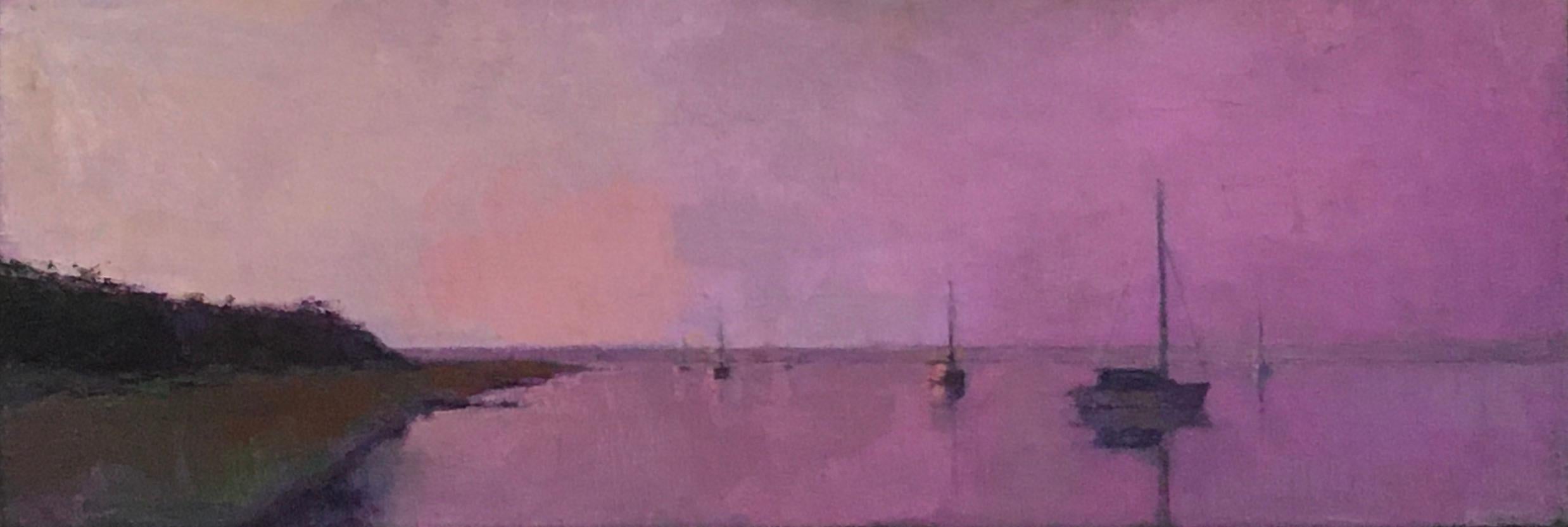 Larry Horowitz Landscape Painting - "Magenta Light" oil painting of a purple sky reflecting on water with sailboat