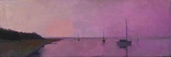 "Magenta Light" oil painting of a purple sky reflecting on water with sailboat