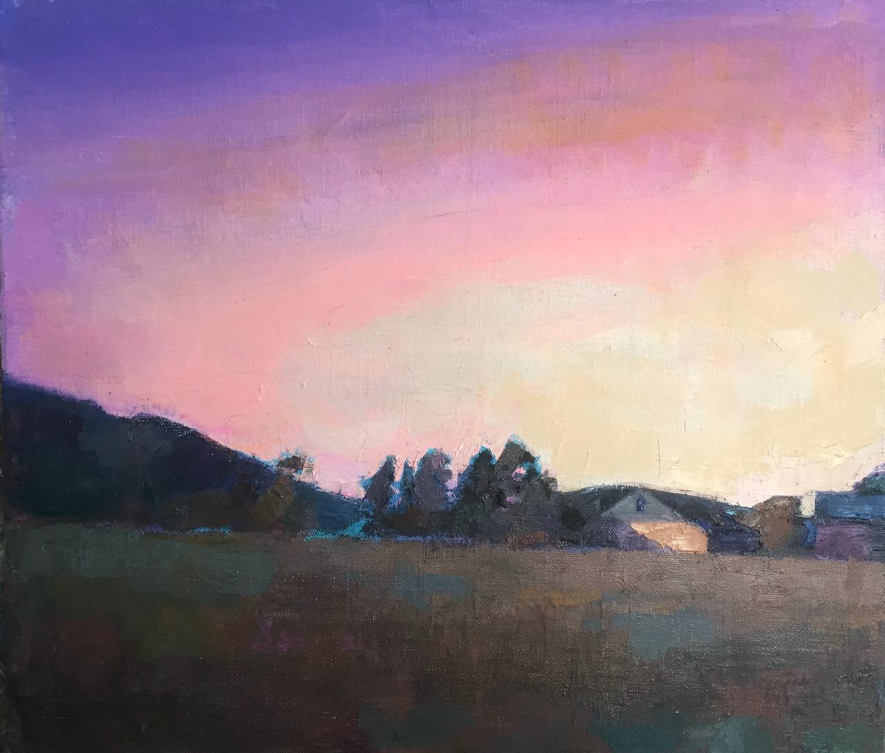 Larry Horowitz Landscape Painting - "Magenta Sky" oil painting of purple sunset over a field