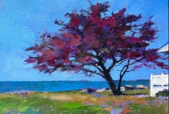 “Magenta Tree”, oil on canvas depicting a tranquil field with a purple leaf tree