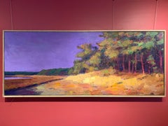 "Marsh Walk" Painterly Landscape in Yellows, Greens, Orange with Purple Sky