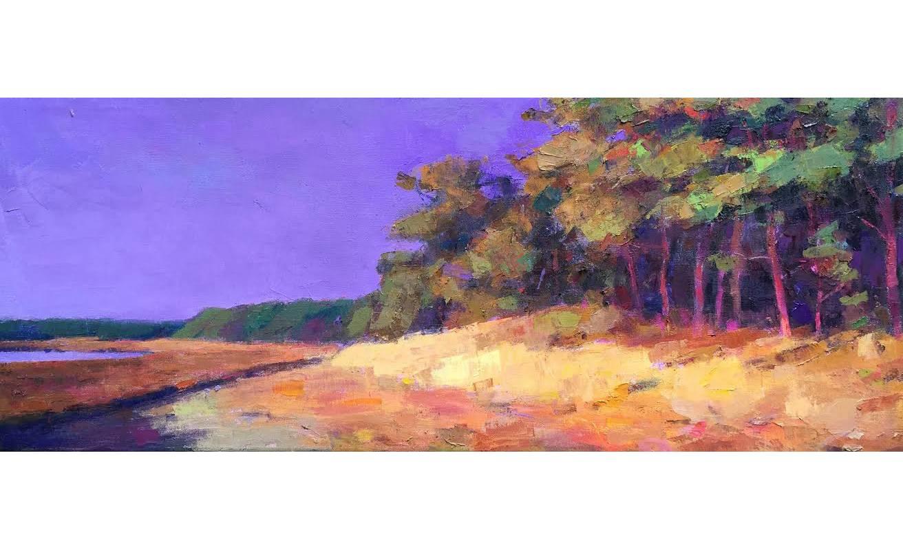 Larry Horowitz Landscape Painting - "Marsh Walk" Painterly Landscape in Yellows, Greens, Orange with Purple Sky 