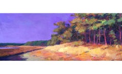 "Marsh Walk" Painterly Landscape in Yellows, Greens, Orange with Purple Sky 