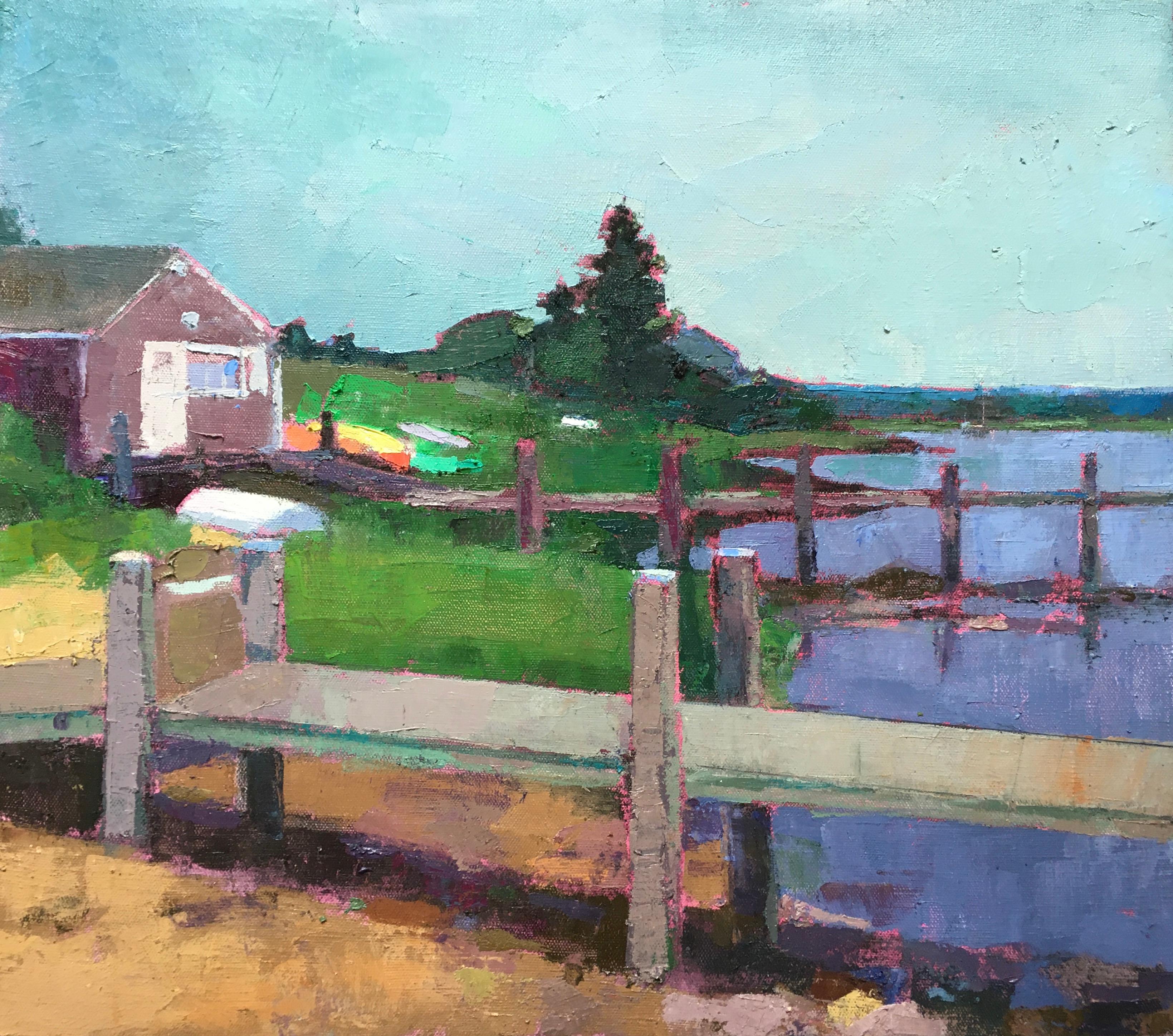 Larry Horowitz Landscape Painting - "Menemsha Docks" oil painting depicting a vibrant dock and luscious greenery