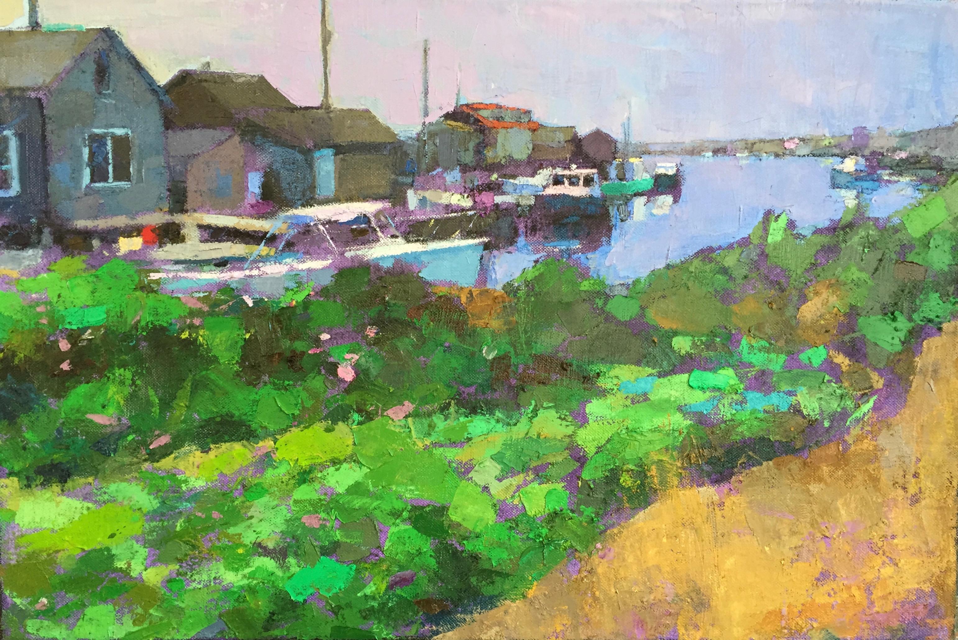 Larry Horowitz Landscape Painting - "Menemsha Docks" oil painting of green bushes in front of Martha's Vineyard Dock