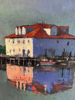 "Menemsha Reflections" puesto de guardacostas en el puerto de Menemsha, barcos en el muelle