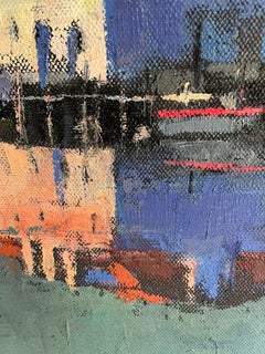 "Menemsha Reflections" coast guard station in Menemsha harbor, boats at the dock