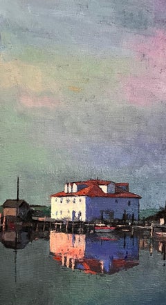 "Menemsha Reflections" puesto de guardacostas en el puerto de Menemsha, barcos en el muelle