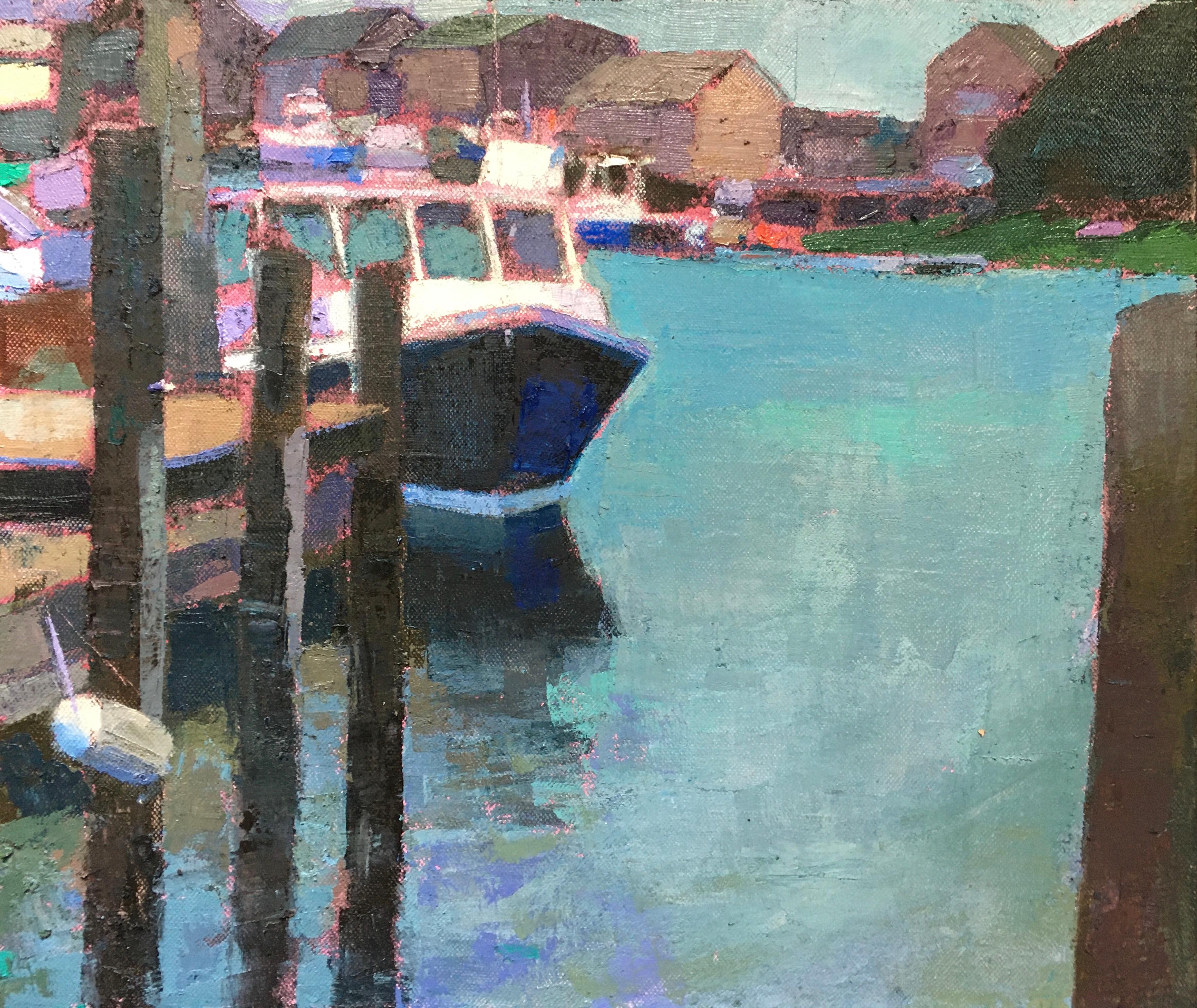 Larry Horowitz Landscape Painting - "Menemsha Wharf" oil painting of a vibrant wharf featuring boats and houses