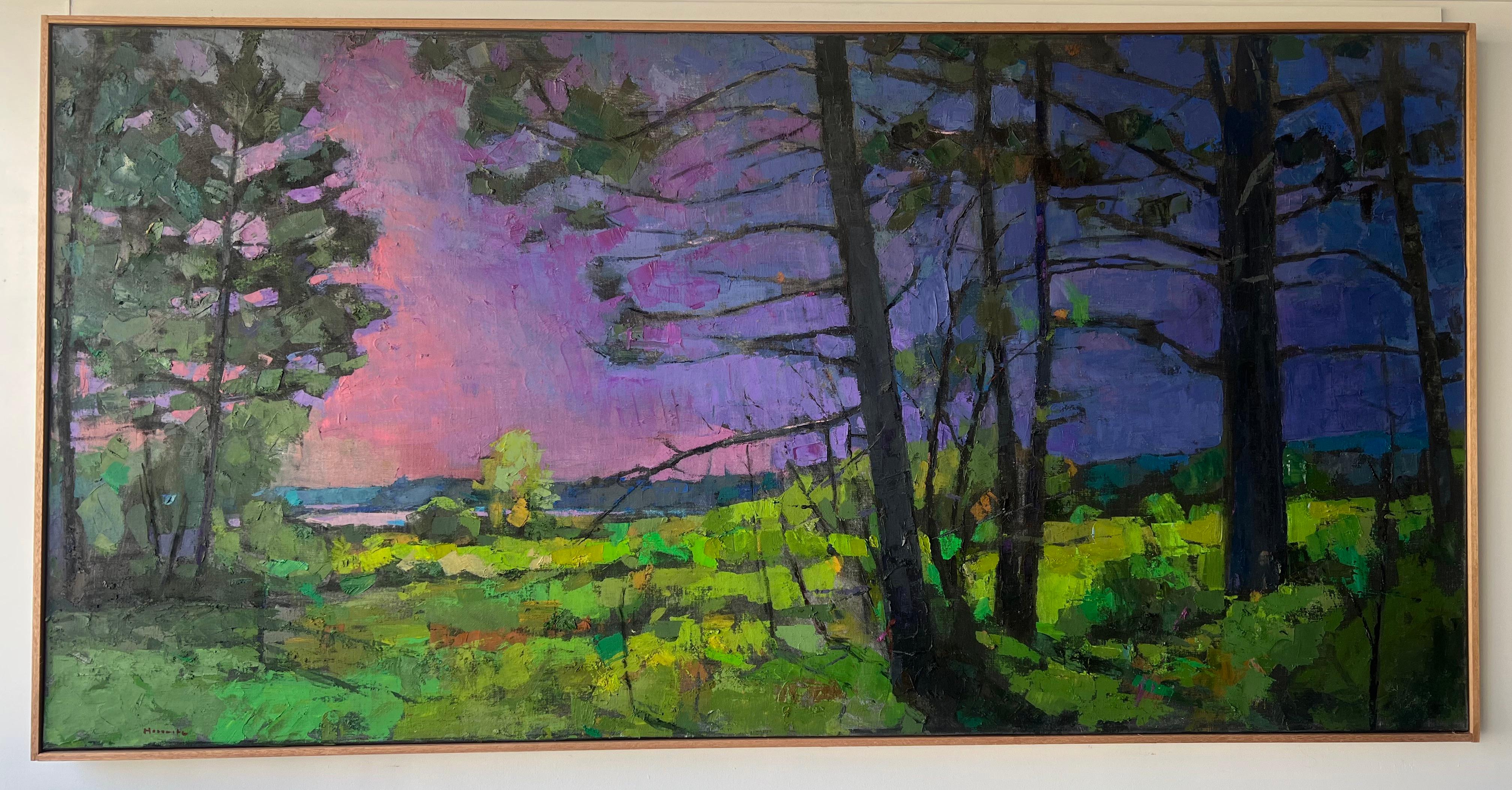Peinture à l'huile « Moore Habitat II » à travers les bois, eau et ciel rose au loin - Painting de Larry Horowitz