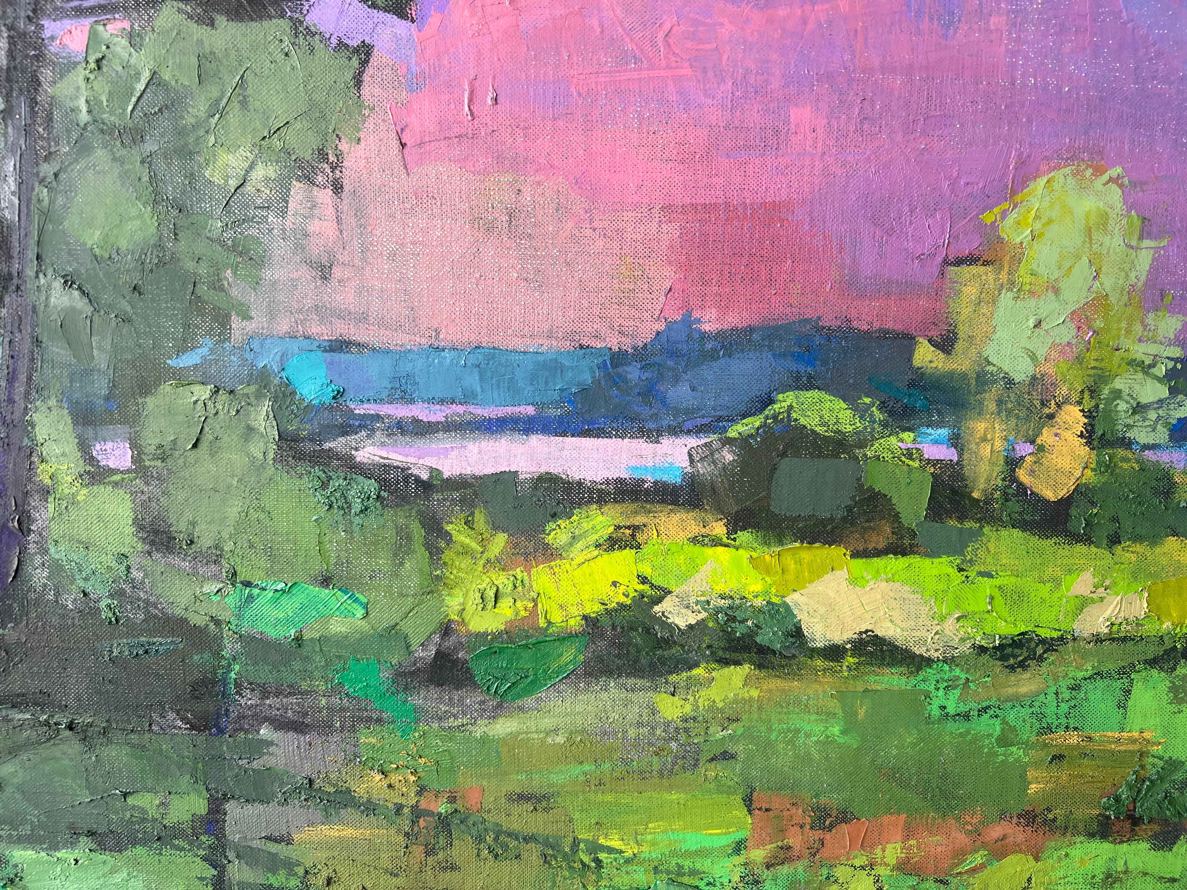 „Moose Habitat II“, Ölgemälde durch die Wälder, Wasser und rosa Himmel in der Ferne (Grau), Landscape Painting, von Larry Horowitz