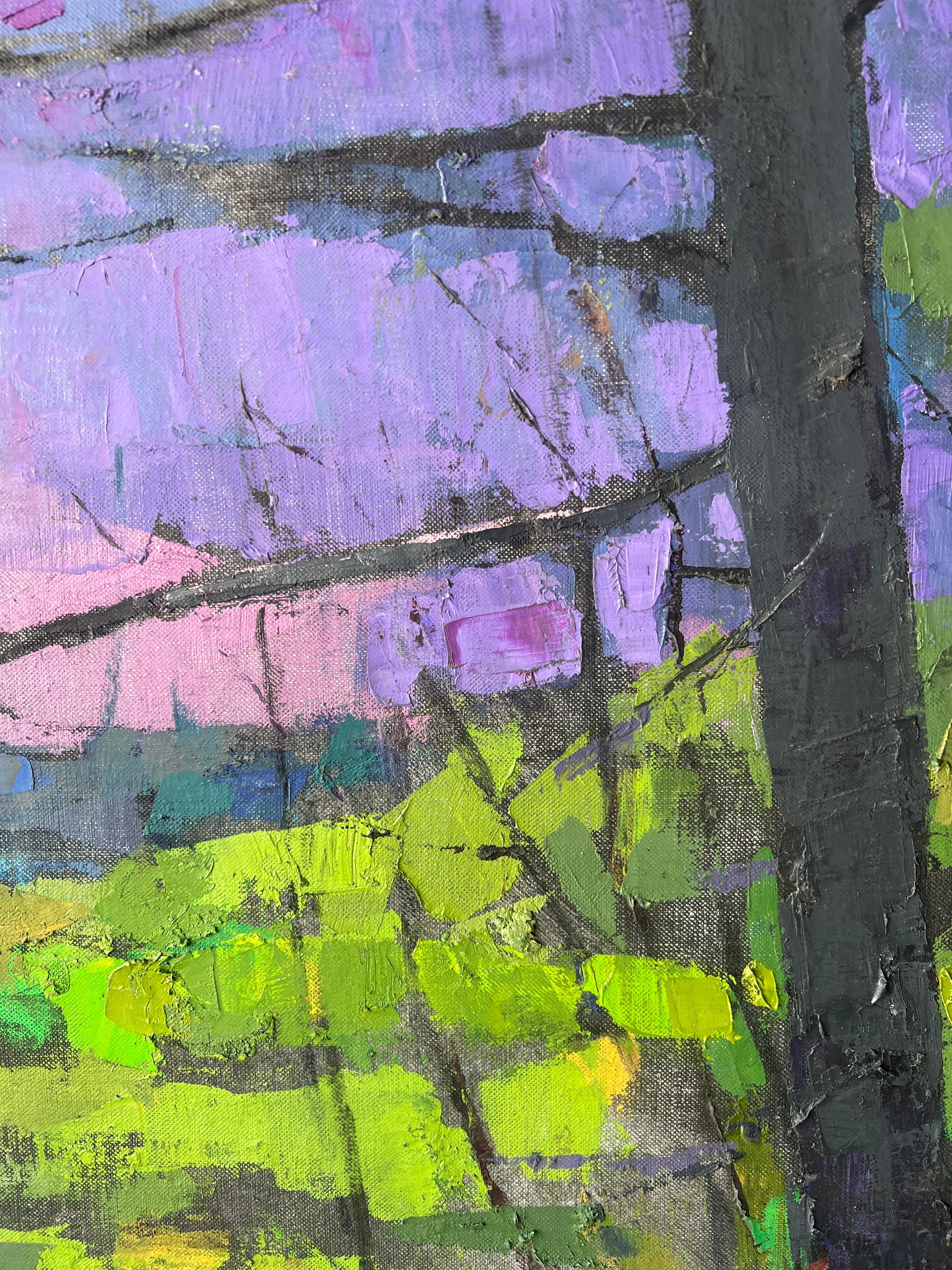 Peinture à l'huile « Moore Habitat II » à travers les bois, eau et ciel rose au loin - Gris Landscape Painting par Larry Horowitz