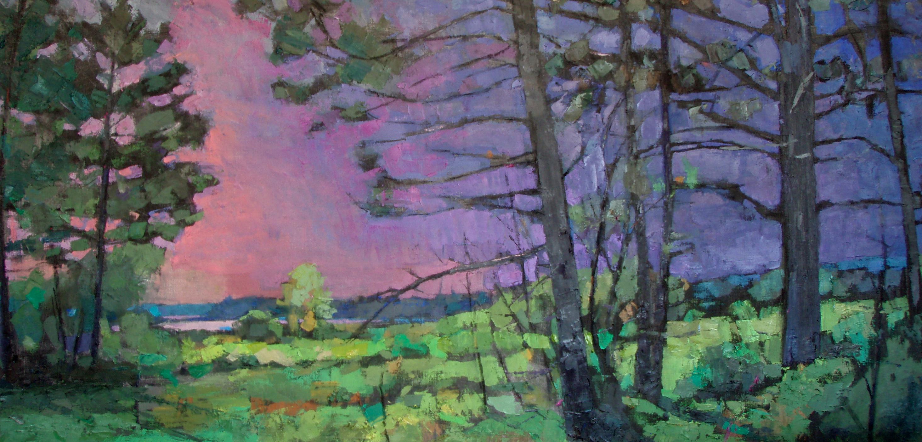 Larry Horowitz Landscape Painting - "Moose Habitat II" Oil painting through the woods, water & pink sky in distance