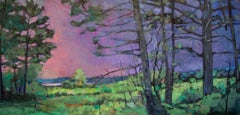 "Moose Habitat II" Oil painting through the woods, water & pink sky in distance