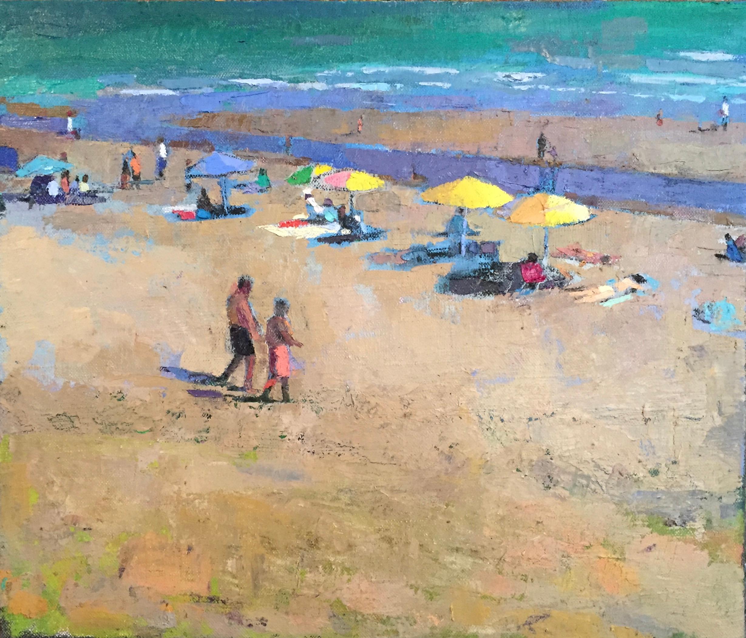Larry Horowitz Landscape Painting - "Morning Sandbar" oil painting of colorful umbrellas and people at the beach