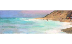 "Morning Surf" Painterly Depiction of Beach, Bright Blues, Pink Sky, Ochre Dunes